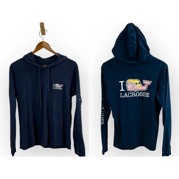 Vineyard Vines Lacrosse Whale Hoodie T Shirt Long Sleeve Navy Medium - Picture 2 of 7